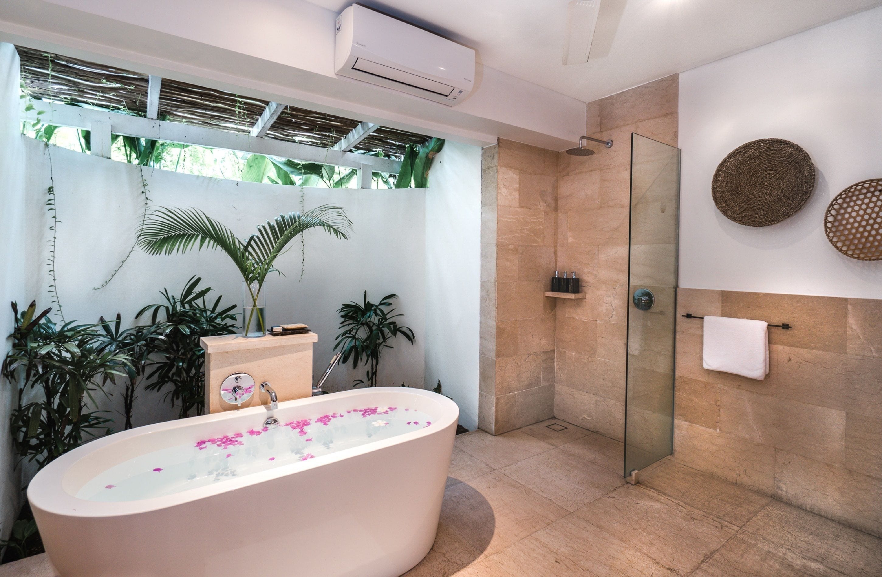 Une salle de bain moderne avec une baignoire sur pieds, une douche à parois de verre et une variété de plantes.