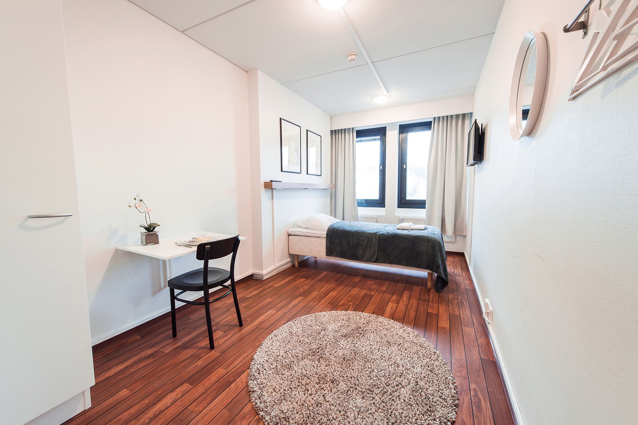 A small, modern bedroom with a wooden floor, a single bed, a desk with a chair, a small plant, and a round rug.