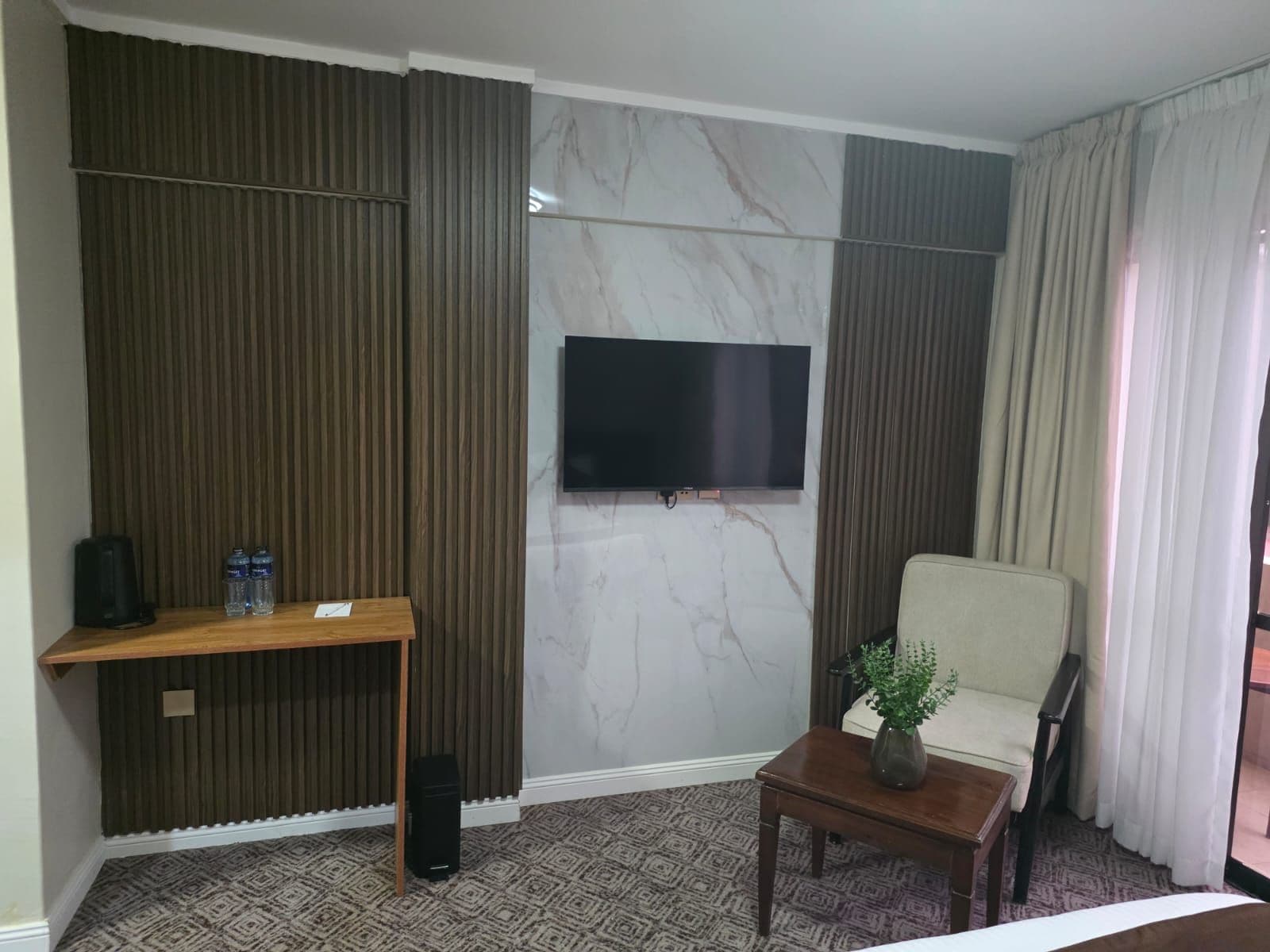 Habitación de hotel con televisión de pantalla plana montada en una pared de mármol, una mesita consola de madera con un altavoz, una pequeña mesa con una planta, un sillón mullido y alfombra estampada.