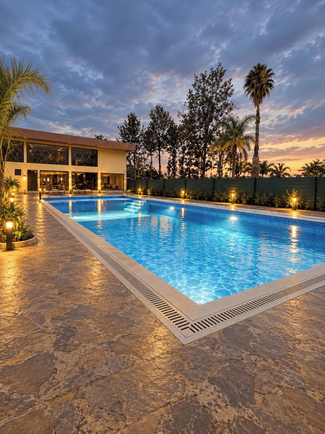 Una piscina con solárium de piedra, rodeada de palmeras y un edificio con amplias ventanas.