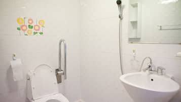 Shower, free toiletries, hair dryer, slippers