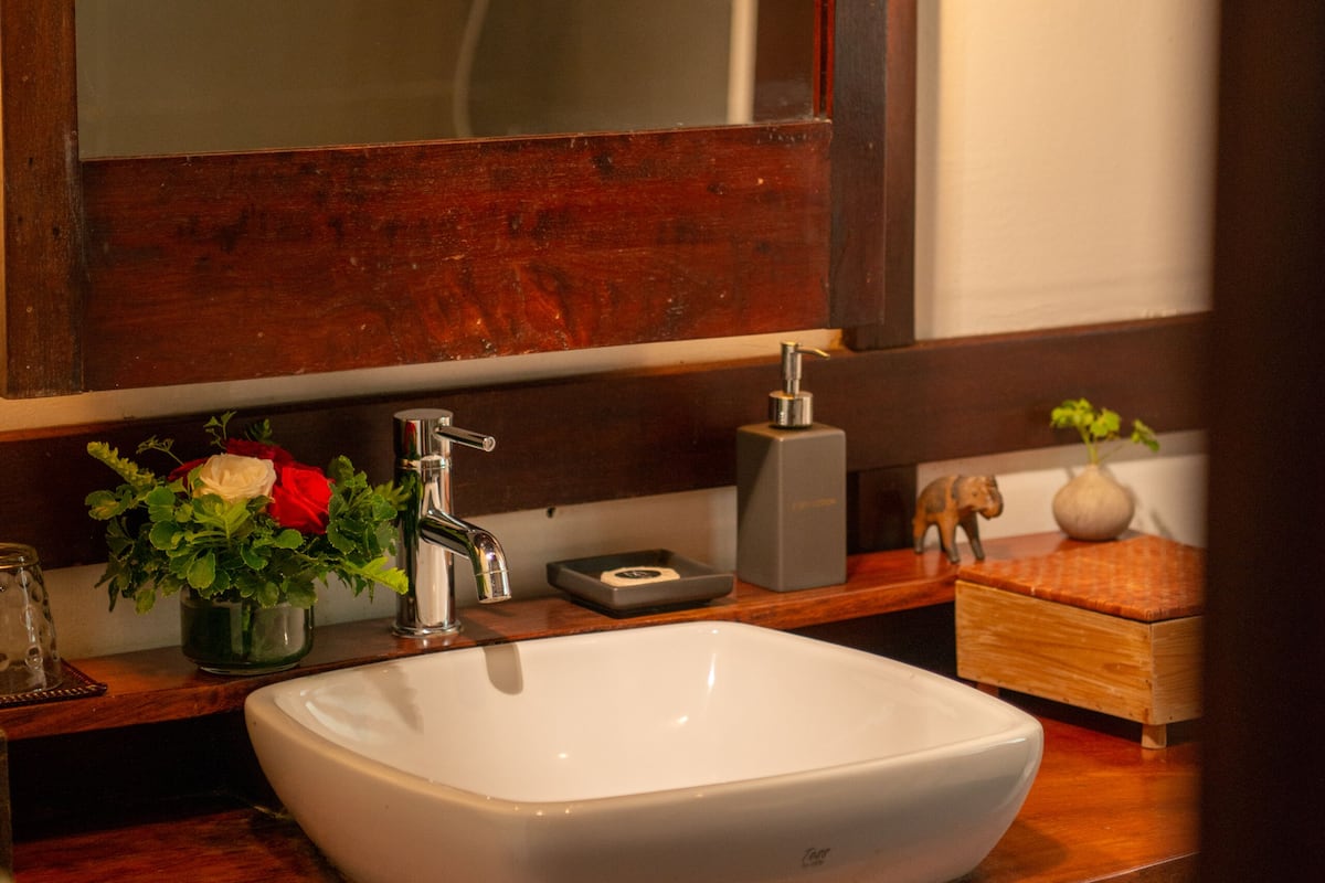 deluxe room, 1 king bed | bathroom | combined shower/bathtub, deep-soaking bathtub, hydromassage showerhead