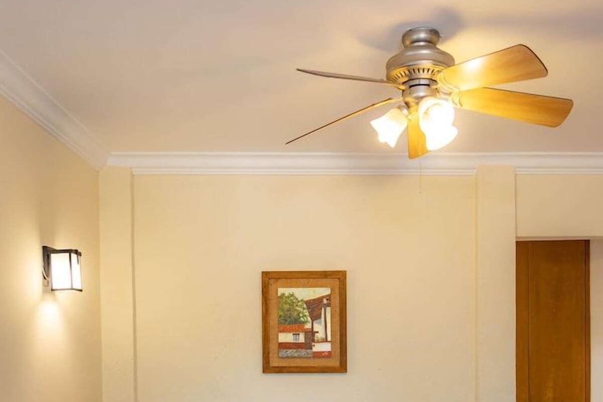 A bedroom with a bed, a ceiling fan, a wall-mounted light, and a door.