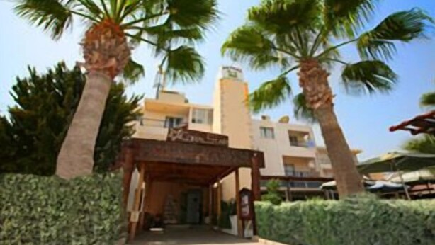 Een hotel ingang met een overdekte gangpad, palmbomen en een heldere lucht.