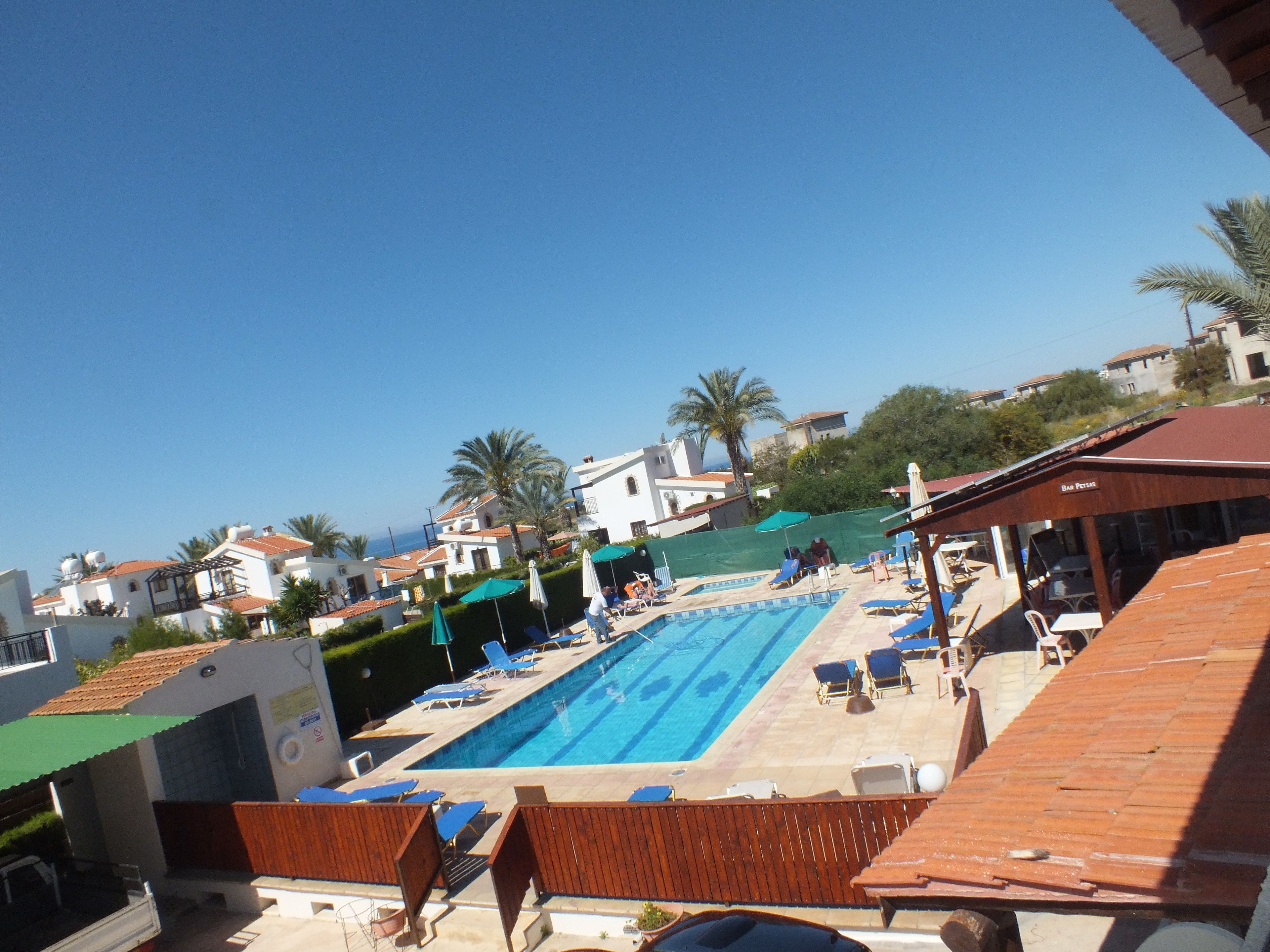 A swimming pool with lounge chairs and umbrellas, surrounded by buildings and palm trees.