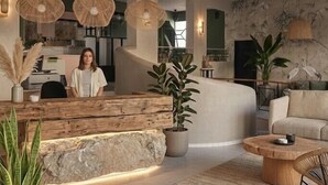 Un vestíbulo moderno con una recepción, plantas en macetas, un sofá y lámparas de mimbre colgantes.