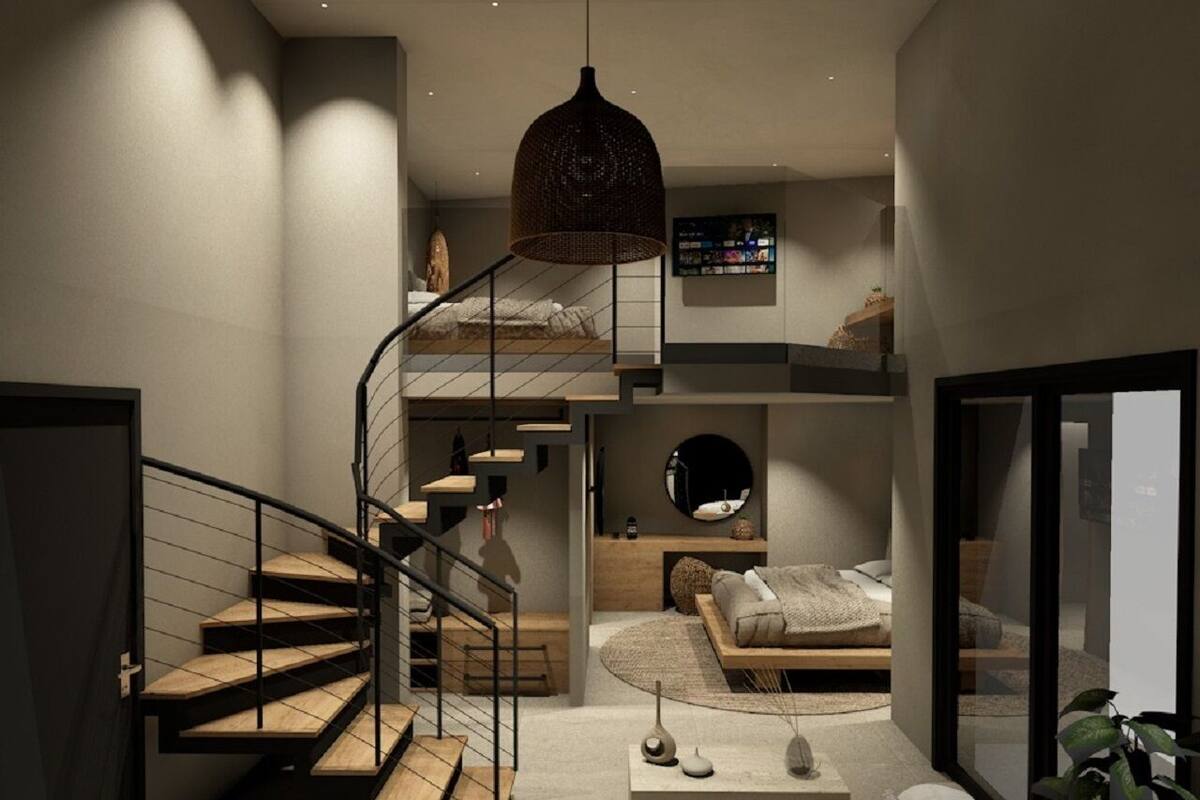 A modern interior with a spiral staircase, a round mirror, a bed, and a small table with a plant.