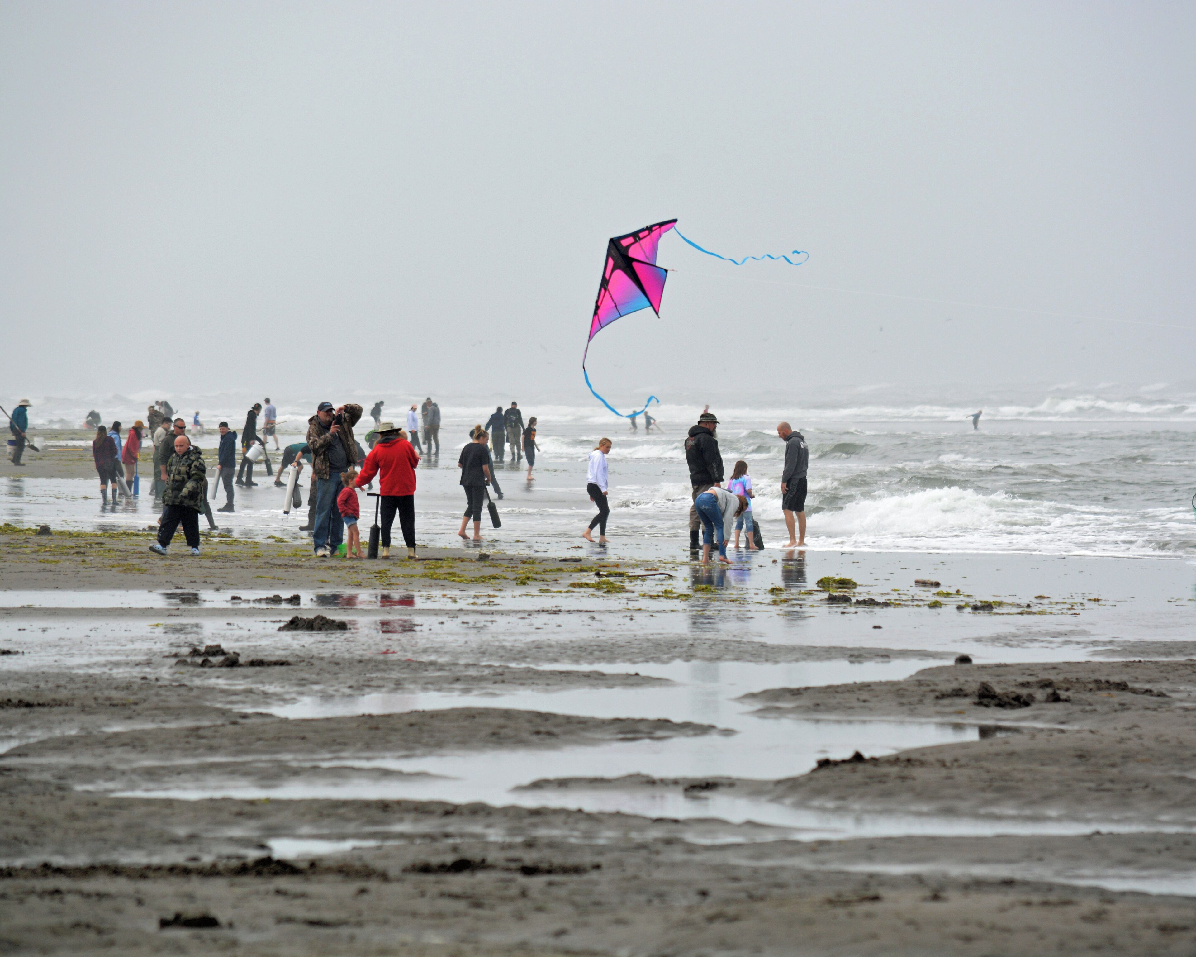 A beach with people, some flying a kite, and the ocean in the background.
