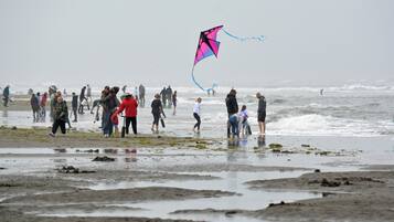 A beach with people, some flying a kite, and the ocean in the background.