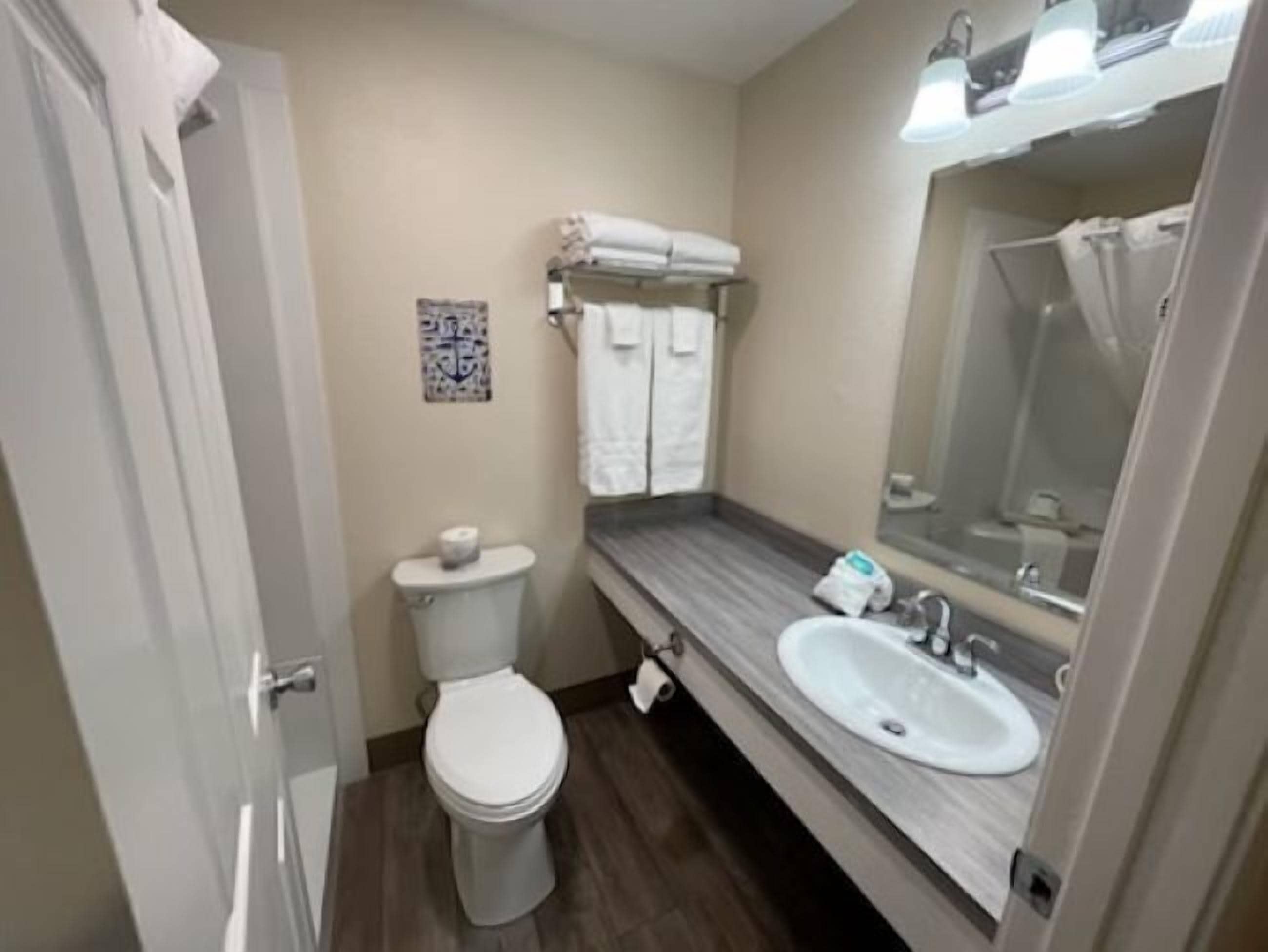 Un baño con inodoro, lavabo y espejo. Hay toallas y un pequeño objeto decorativo en la pared.