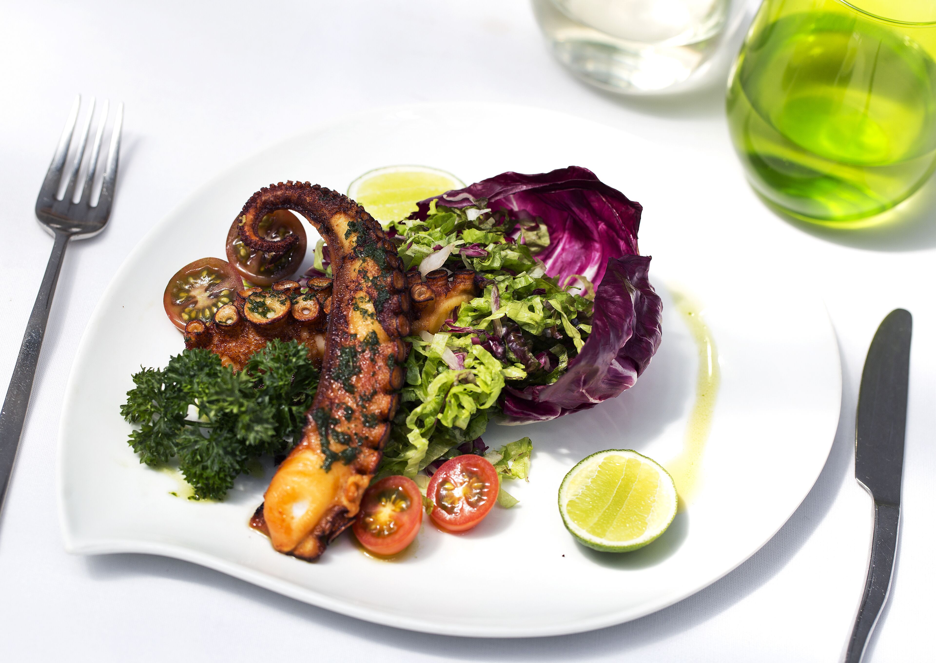 A plate with grilled octopus, salad, and lime.