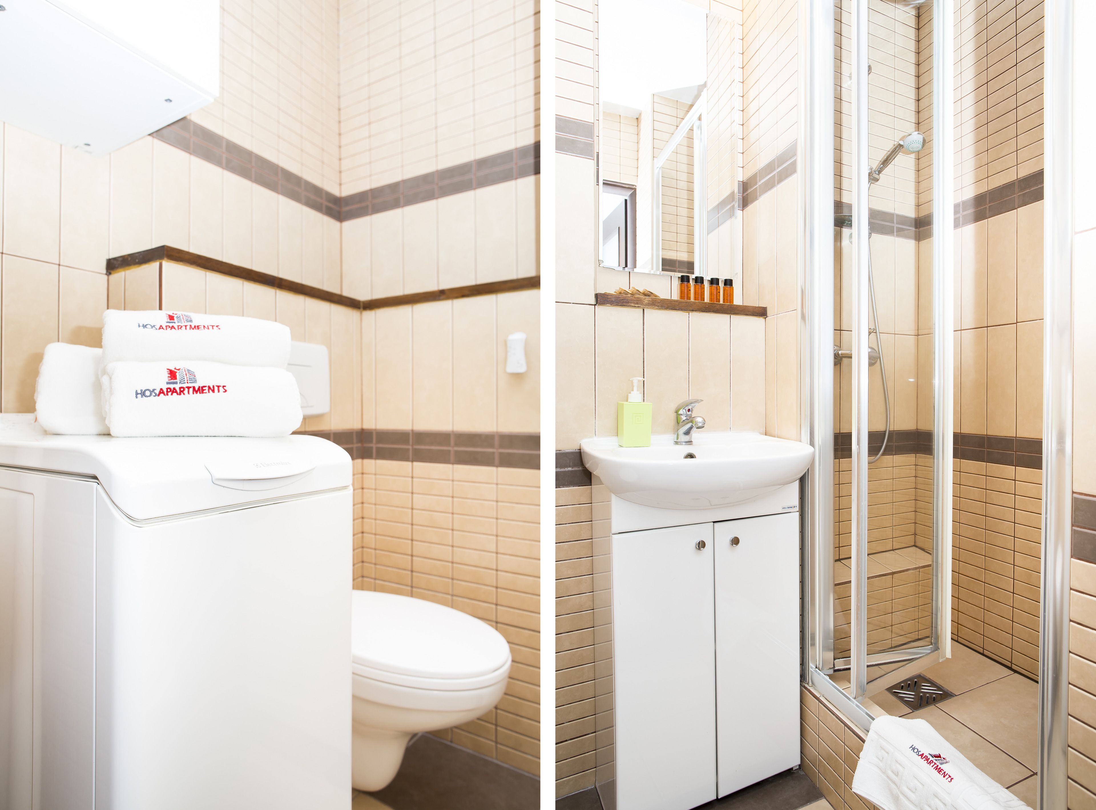 A bathroom with a toilet, sink, and shower. There are towels stacked on the toilet and a soap dispenser on the sink.