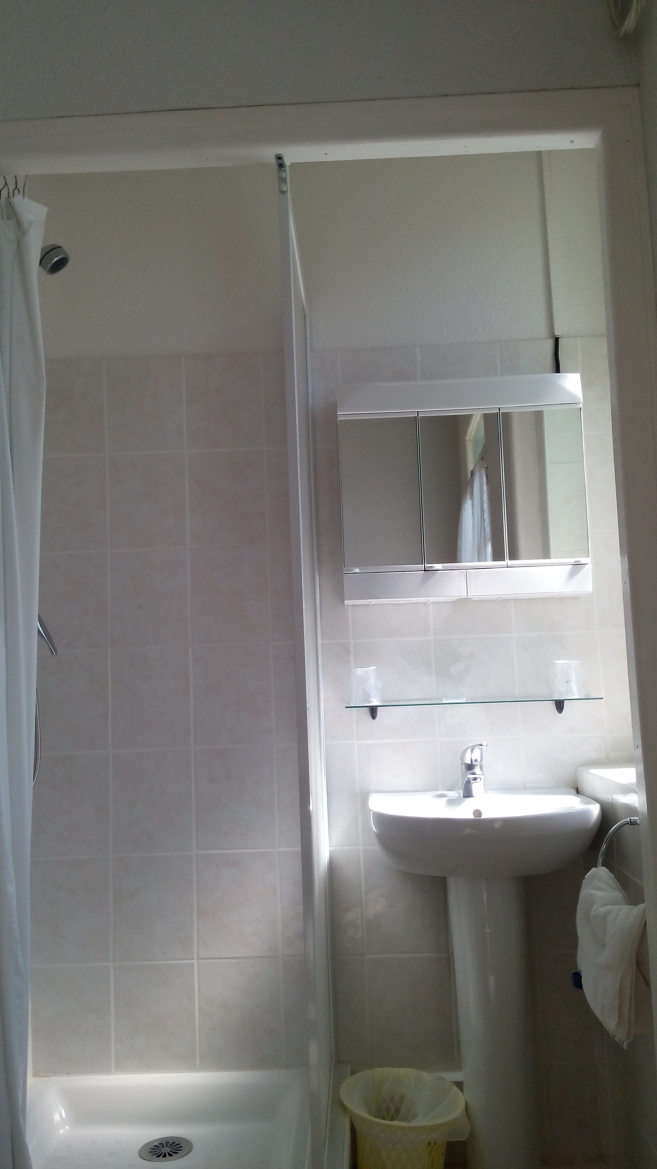 A bathroom with a shower, a sink, and a mirror.