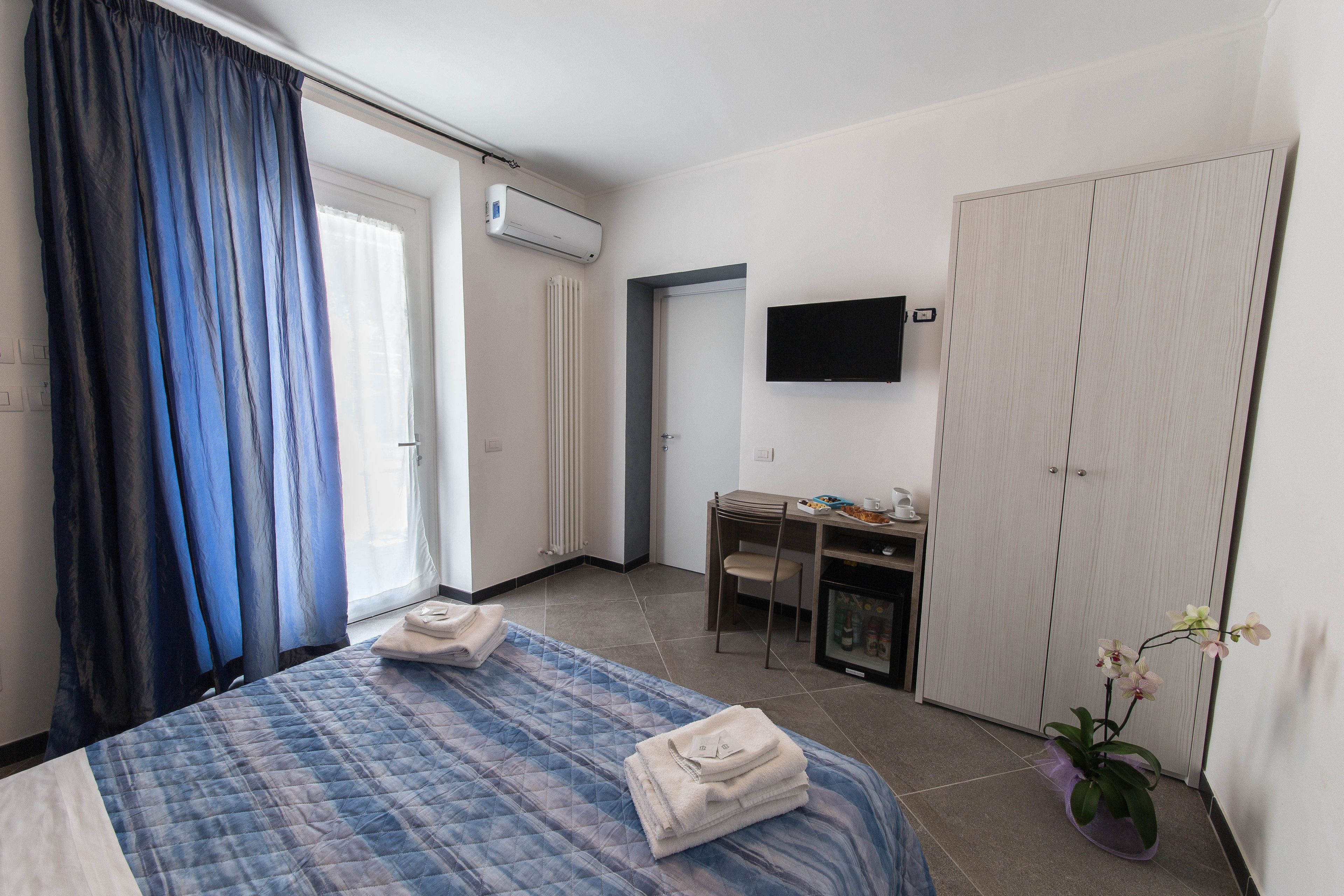 Habitación de hotel con cama, escritorio, silla, televisión, armario y planta en maceta.