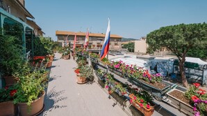 A rooftop garden with potted plants and flags.