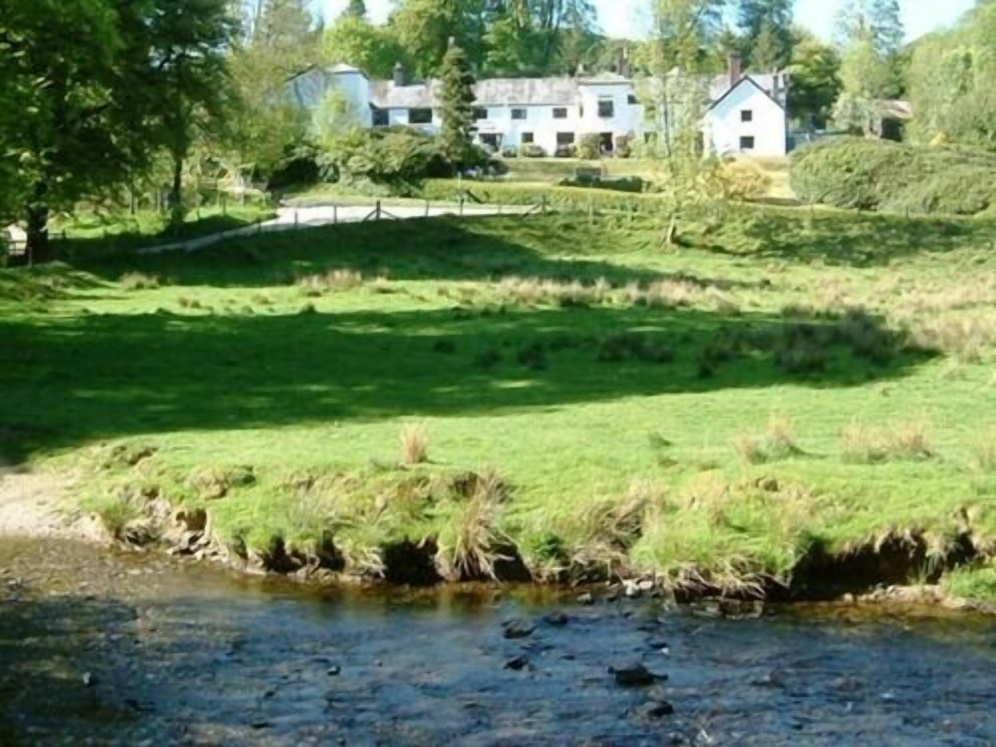 A grassy area with a small stream and white buildings in the background.
