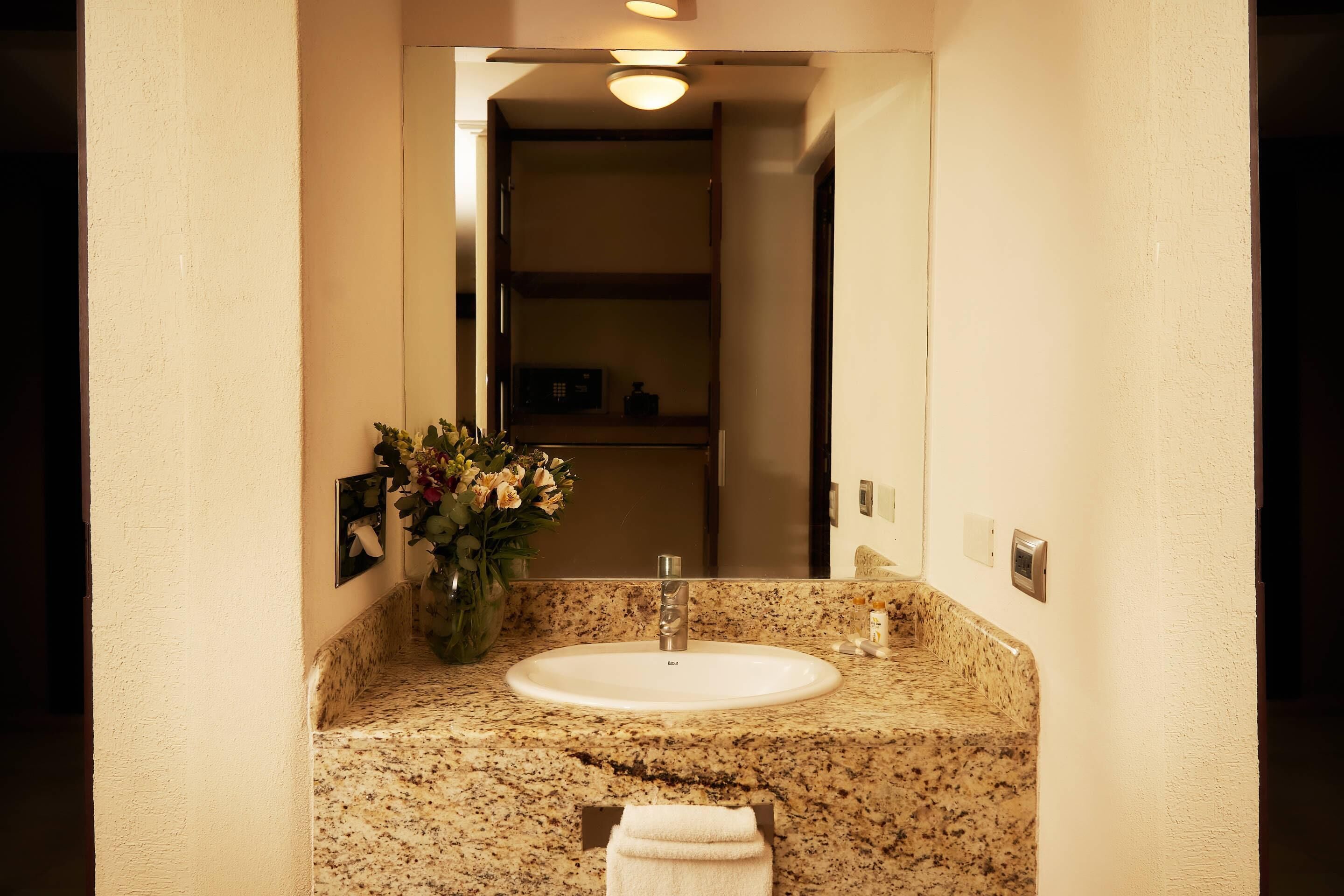 Une salle de bain avec un comptoir en granit, un lavabo blanc, un miroir et un vase rempli de fleurs.