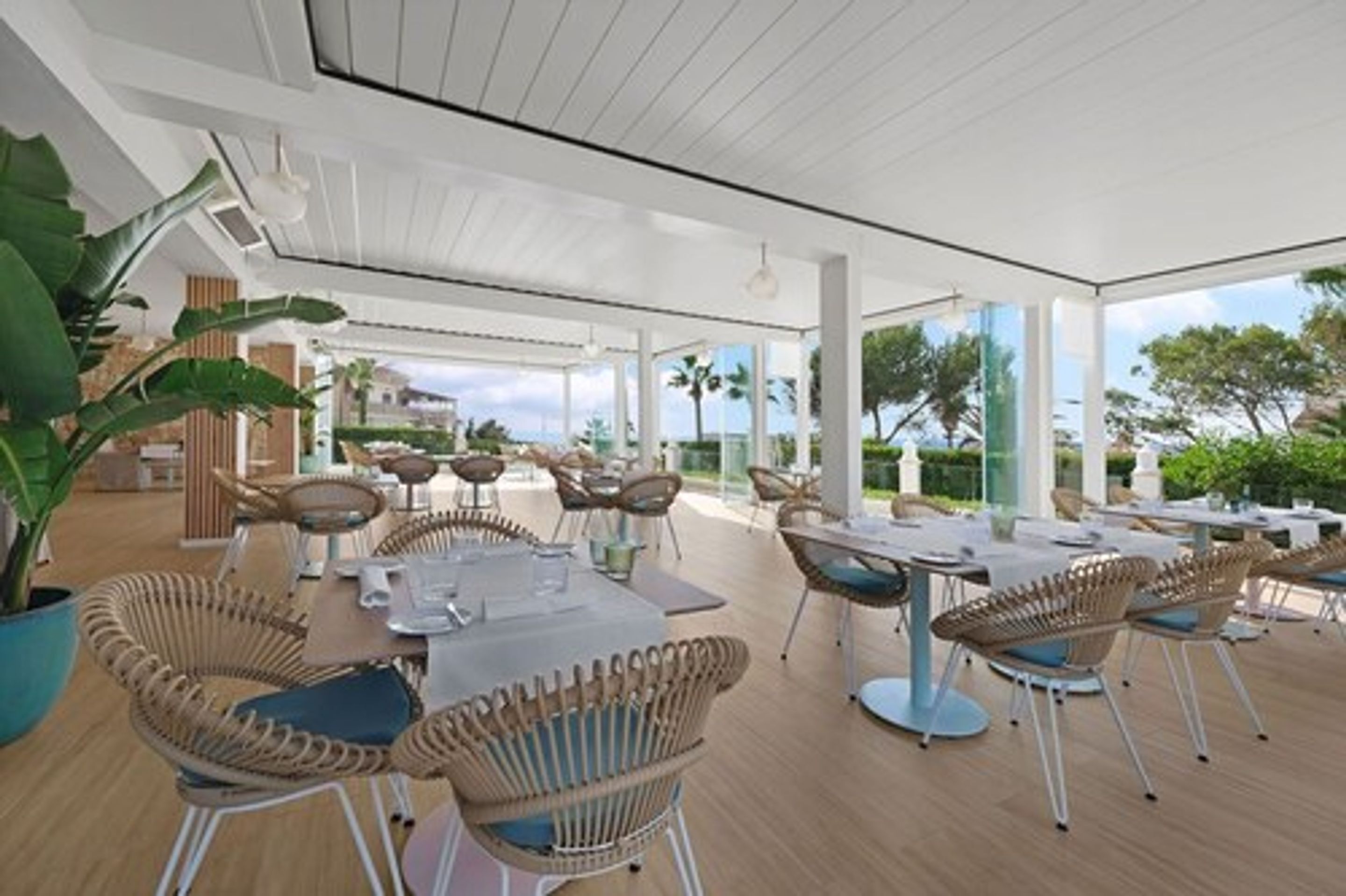 An outdoor dining area with wicker chairs and tables, large potted plants, and a view of the sea and palm trees.