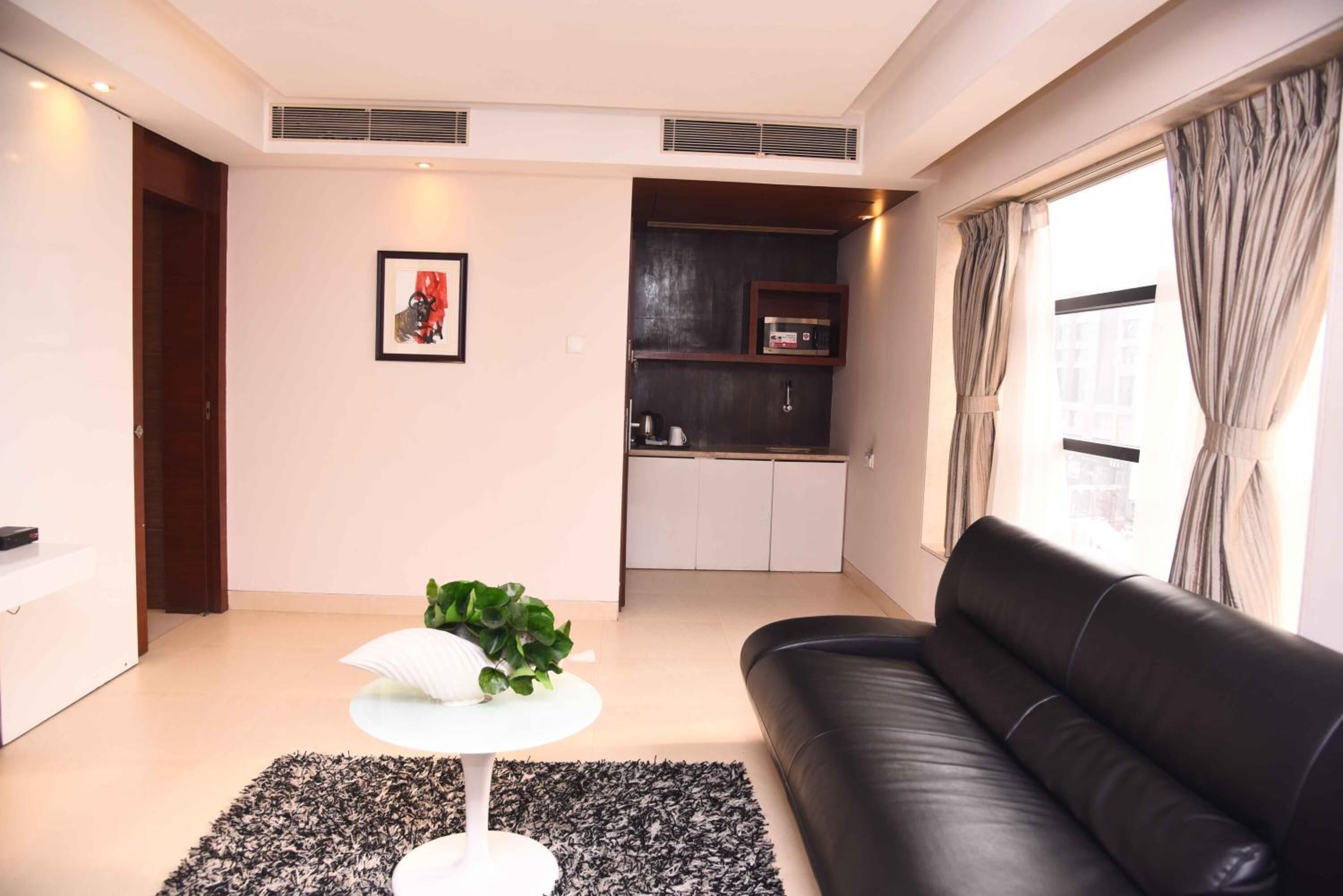 Una sala de estar moderna con un sofá de cuero negro, una mesita de centro blanca con una planta, y una zona de cocina al fondo.