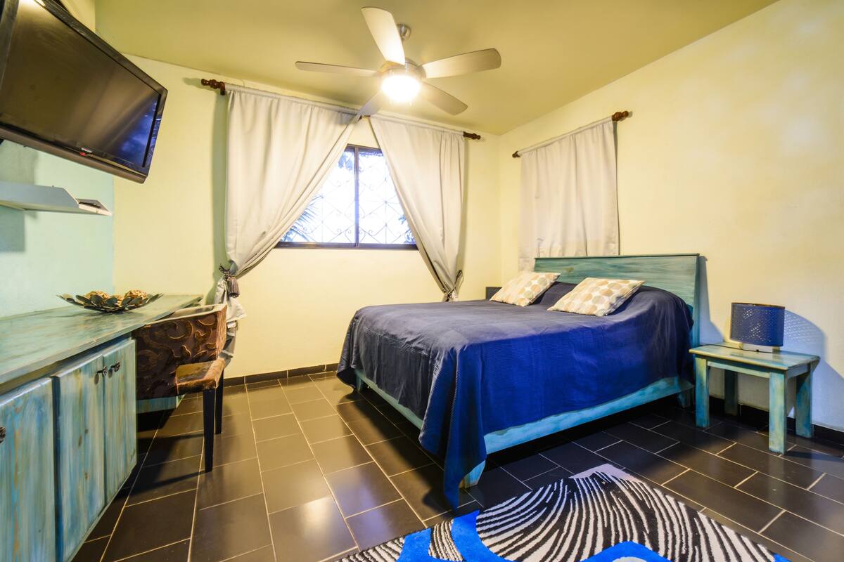 Une chambre à coucher comprenant un lit, un bureau, une télévision et un ventilateur de plafond.
