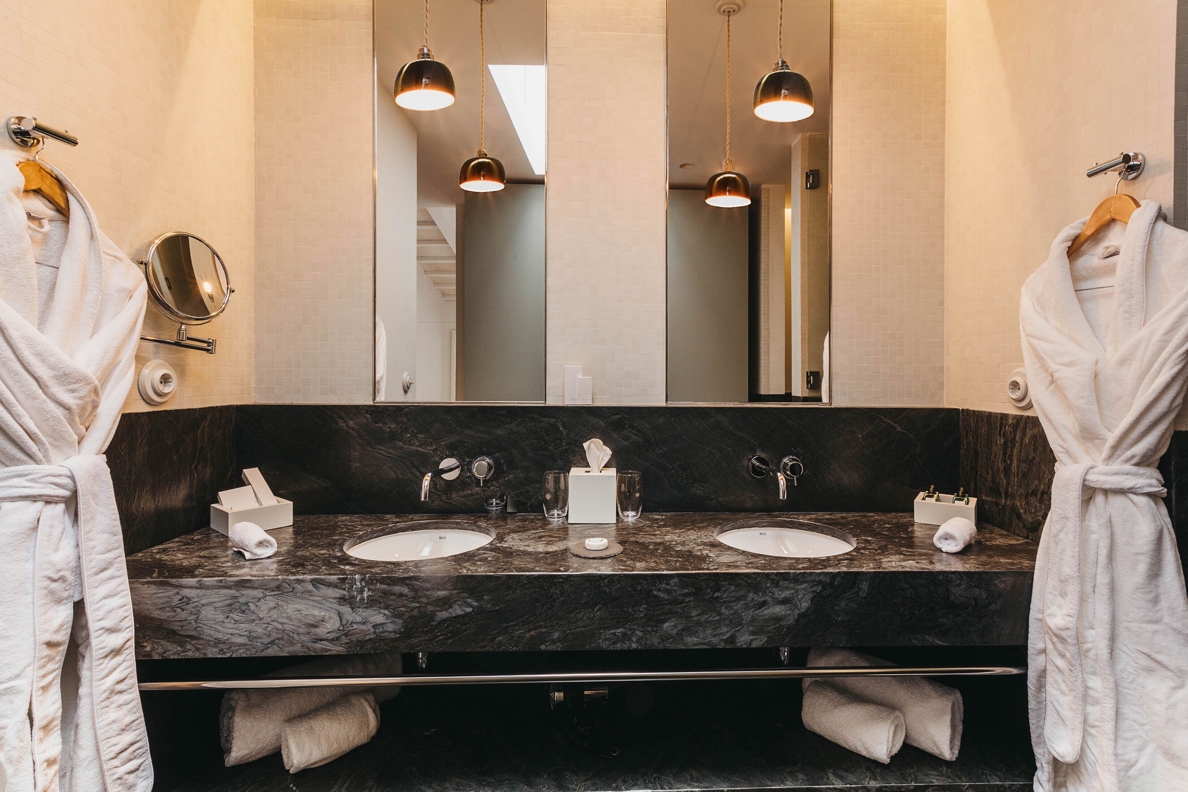 superior double room | bathroom | designer toiletries, hair dryer, bathrobes, slippers