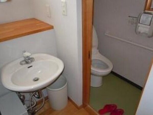 A small bathroom with a sink, toilet, and a trash can.