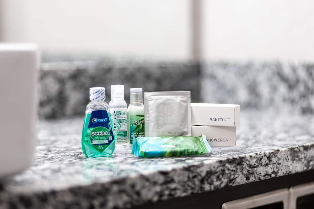 combined shower/bathtub, free toiletries, hair dryer, bathrobes