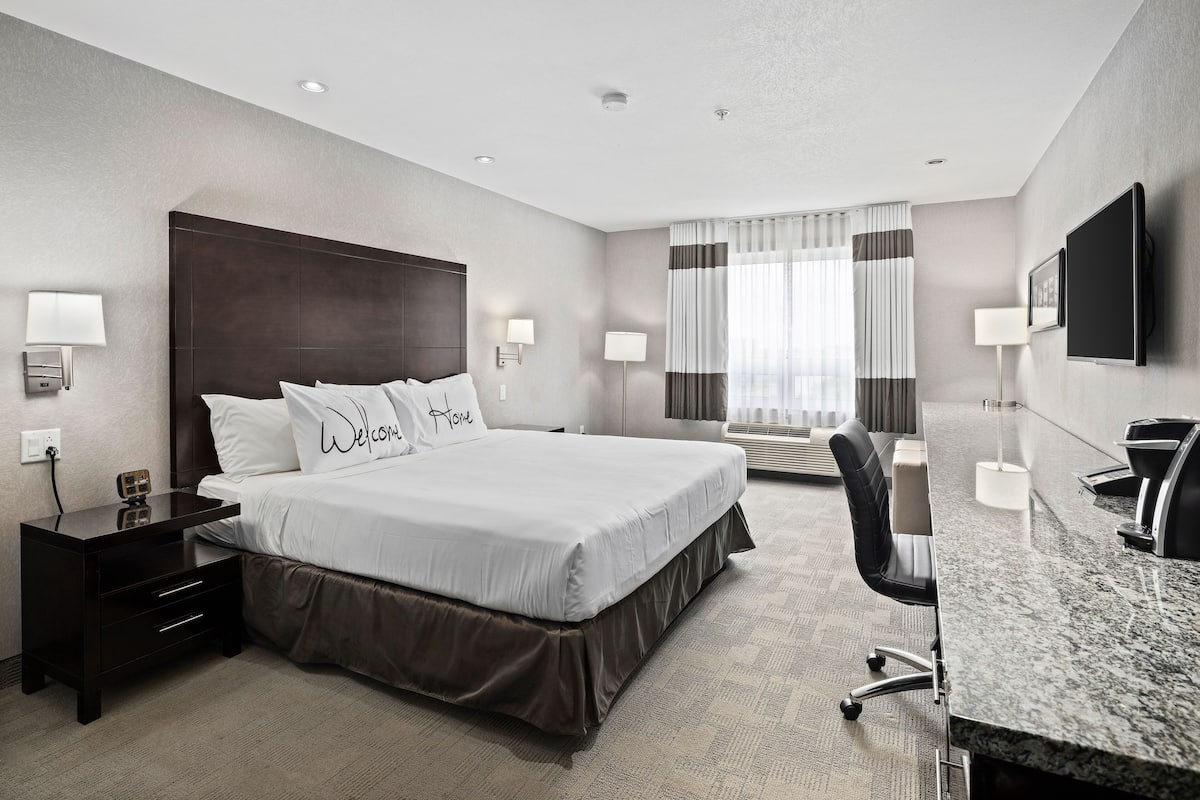 A hotel room with a large bed, a desk, a chair, and a TV.