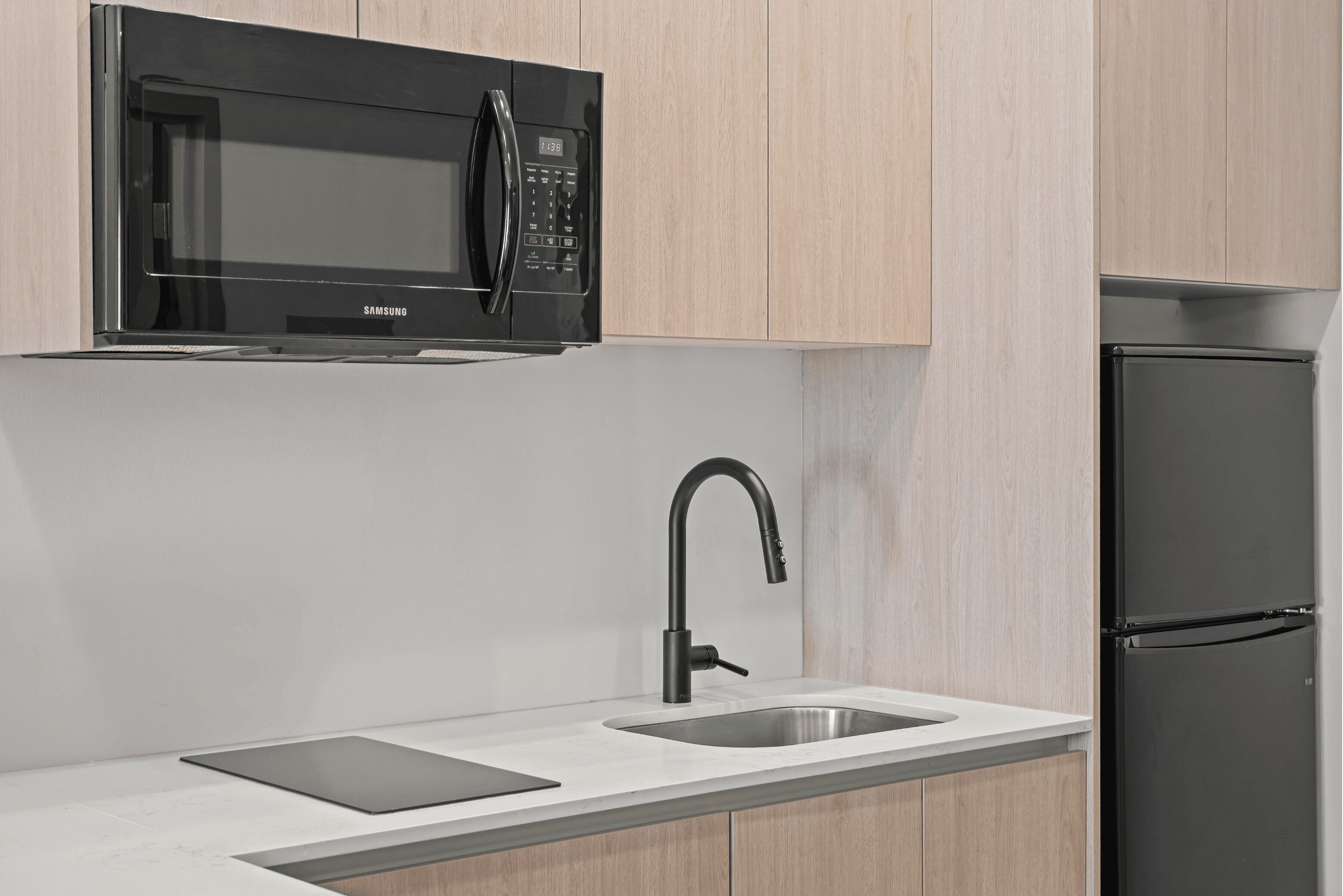 premium bedding, desk, laptop workspace, blackout curtains