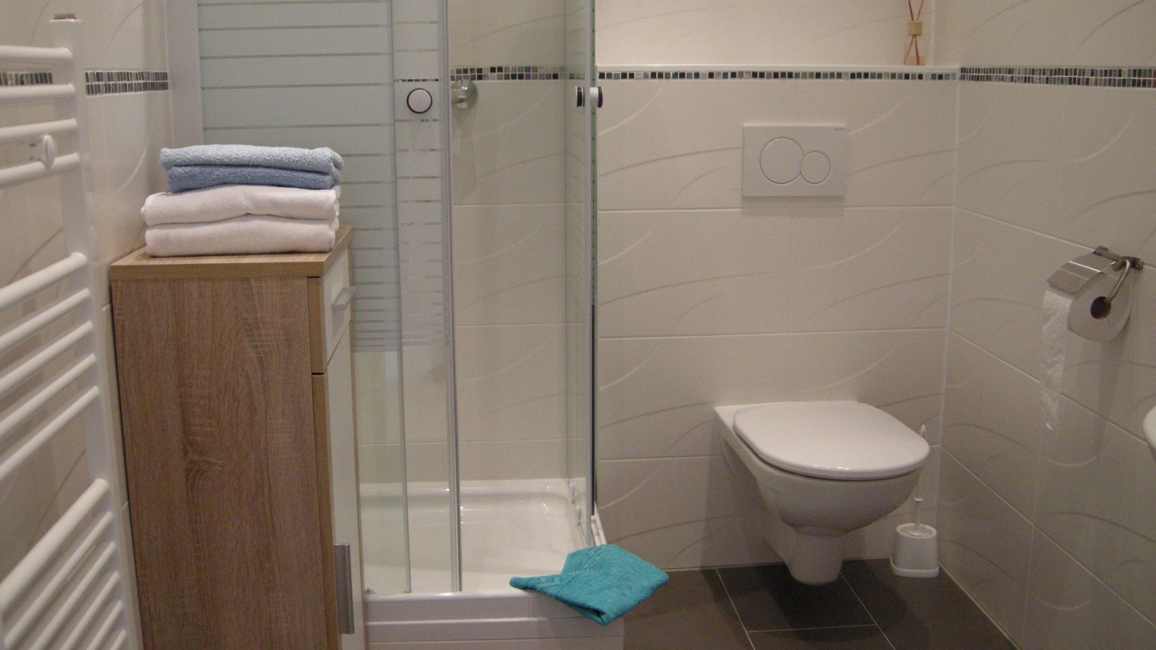 Comfort Apartment, Kitchen | Bathroom | Shower, hair dryer, towels
