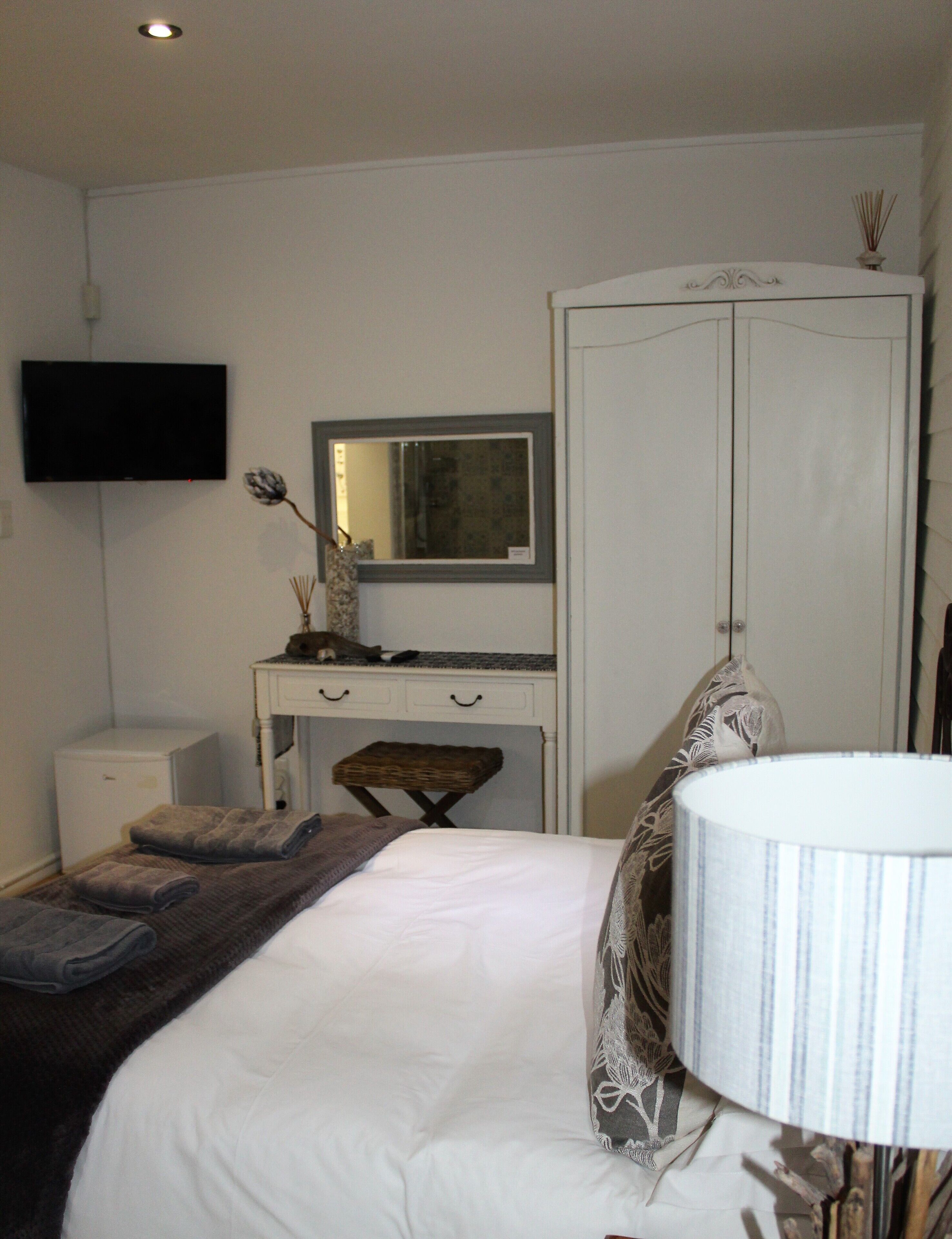 Un dormitorio con cama, cómoda, espejo, televisor y armario.