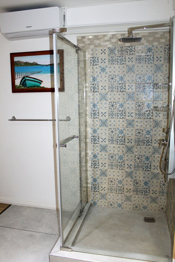 A glass-enclosed shower with a tiled wall featuring a blue and white pattern. - Kleinzee Oceanfront Guesthouse (De Kelders)