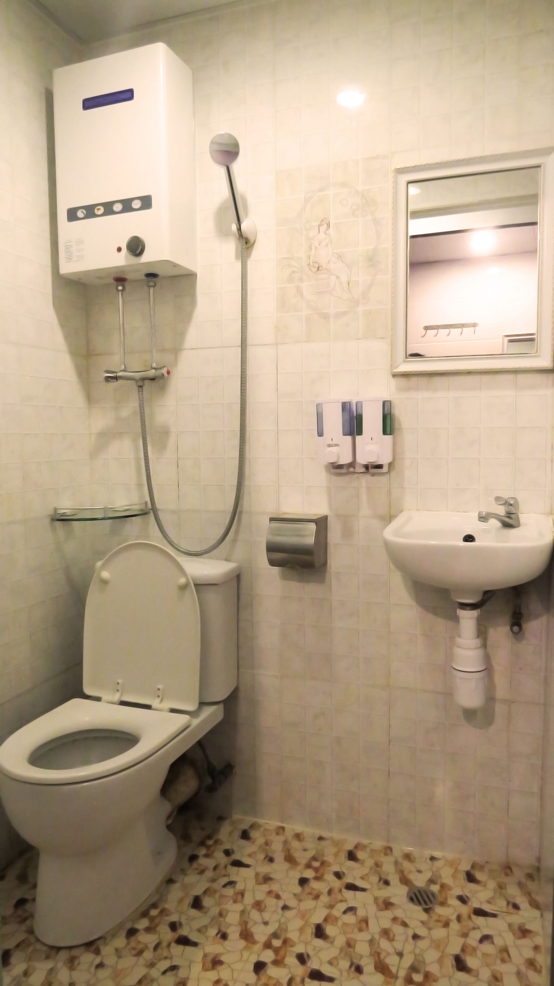 Shower, hair dryer, soap, shampoo