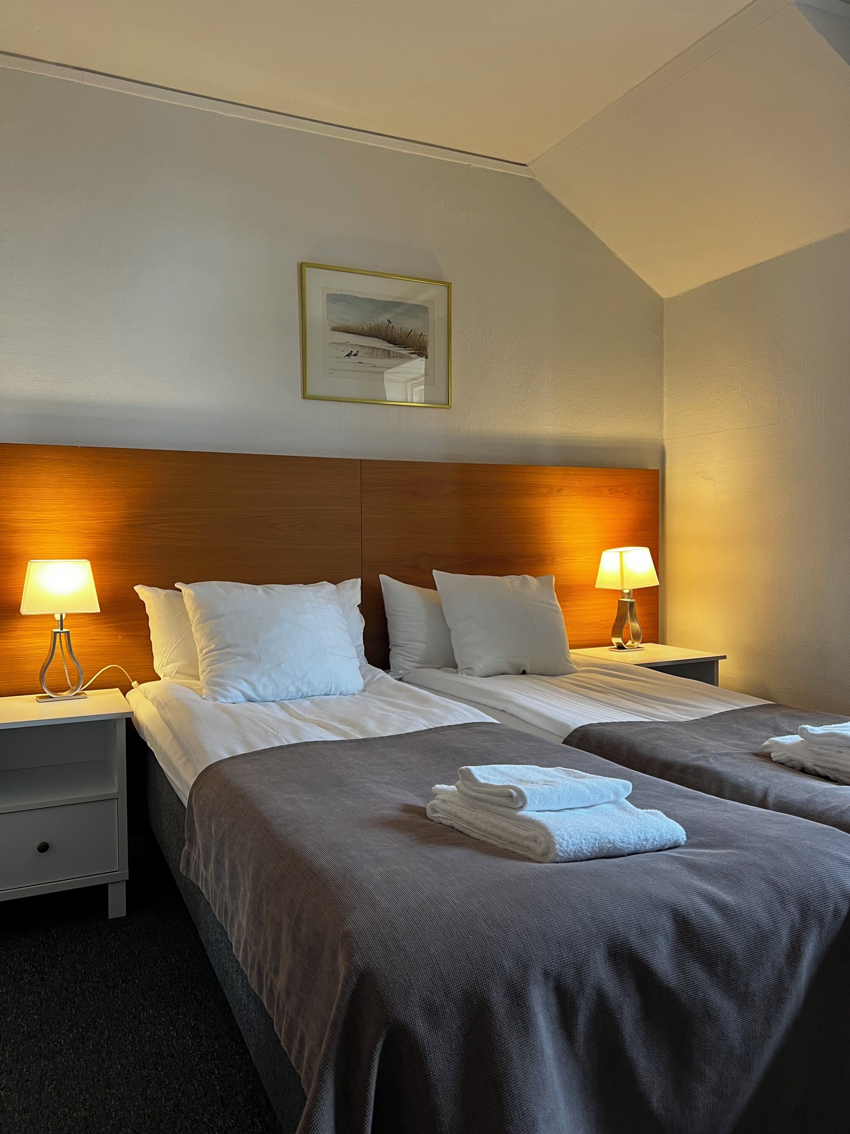 Habitación de hotel con dos camas, ropa de cama blanca, cabecero de madera, lámparas de noche y un pequeño mesita de noche, además de un cuadro en la pared.