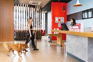 Zona de recepción con mostrador de madera, pared roja y diseño interior moderno.