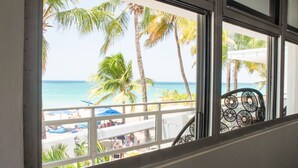 Vista de una playa con palmeras y un océano azul claro a través de una ventana con barandilla de metal.