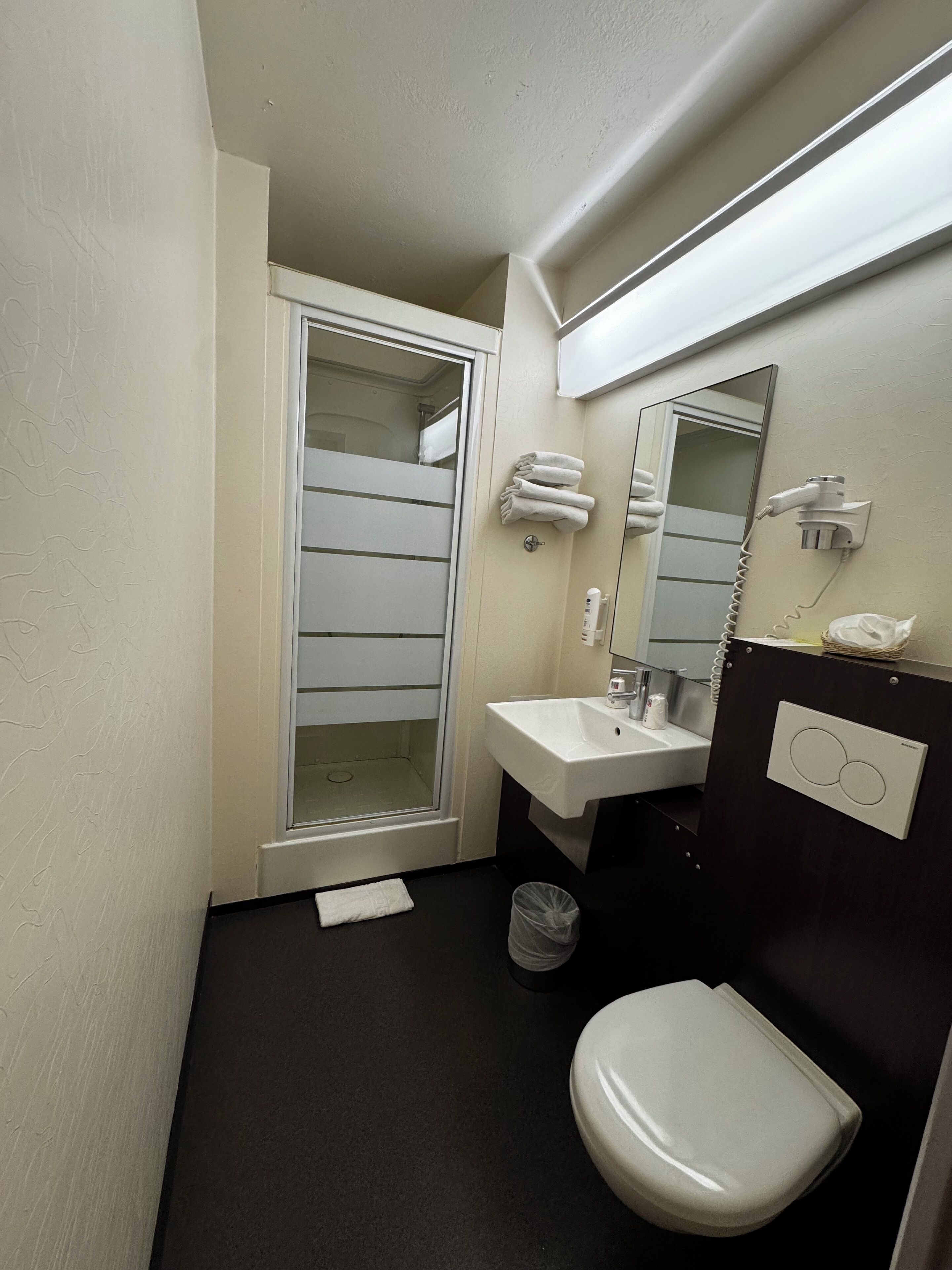 A compact bathroom with a white toilet, a sink, a mirror, and a towel rack.