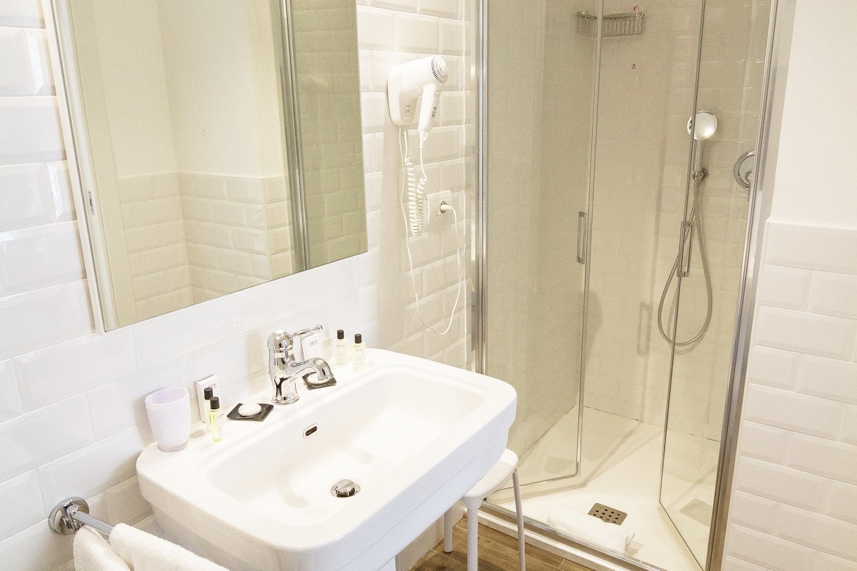 shower, rainfall showerhead, free toiletries, hair dryer