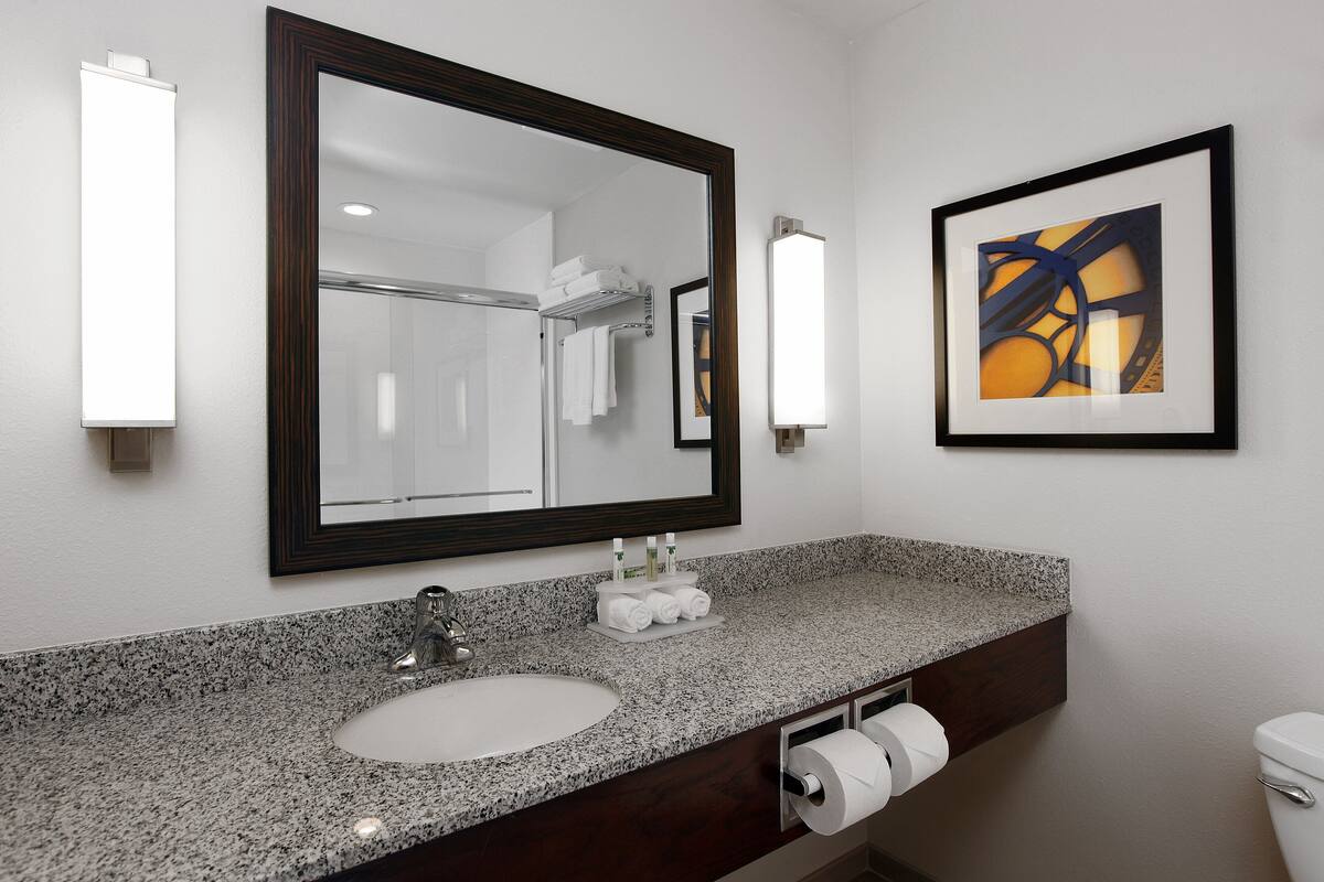 A bathroom with a granite countertop sink, a large mirror, a framed abstract painting, and a toilet paper holder.