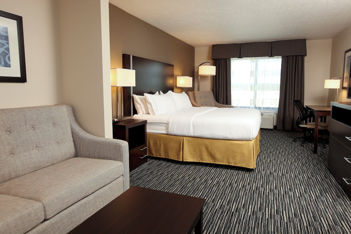 A hotel room with a bed, a sofa, a desk, and a television.