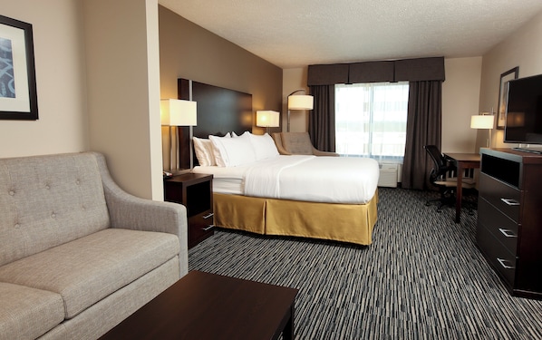 A hotel room with a bed, a sofa, a desk, and a television. - Holiday Inn Express & Suites Omaha South - Ralston Arena by IHG (Omaha)