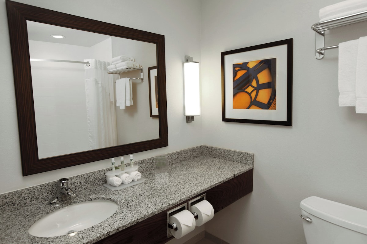 A bathroom with a granite countertop sink, a large mirror, a framed abstract painting, and a toilet.