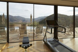 A modern room with large windows, a treadmill, and a view of a lake and mountains.