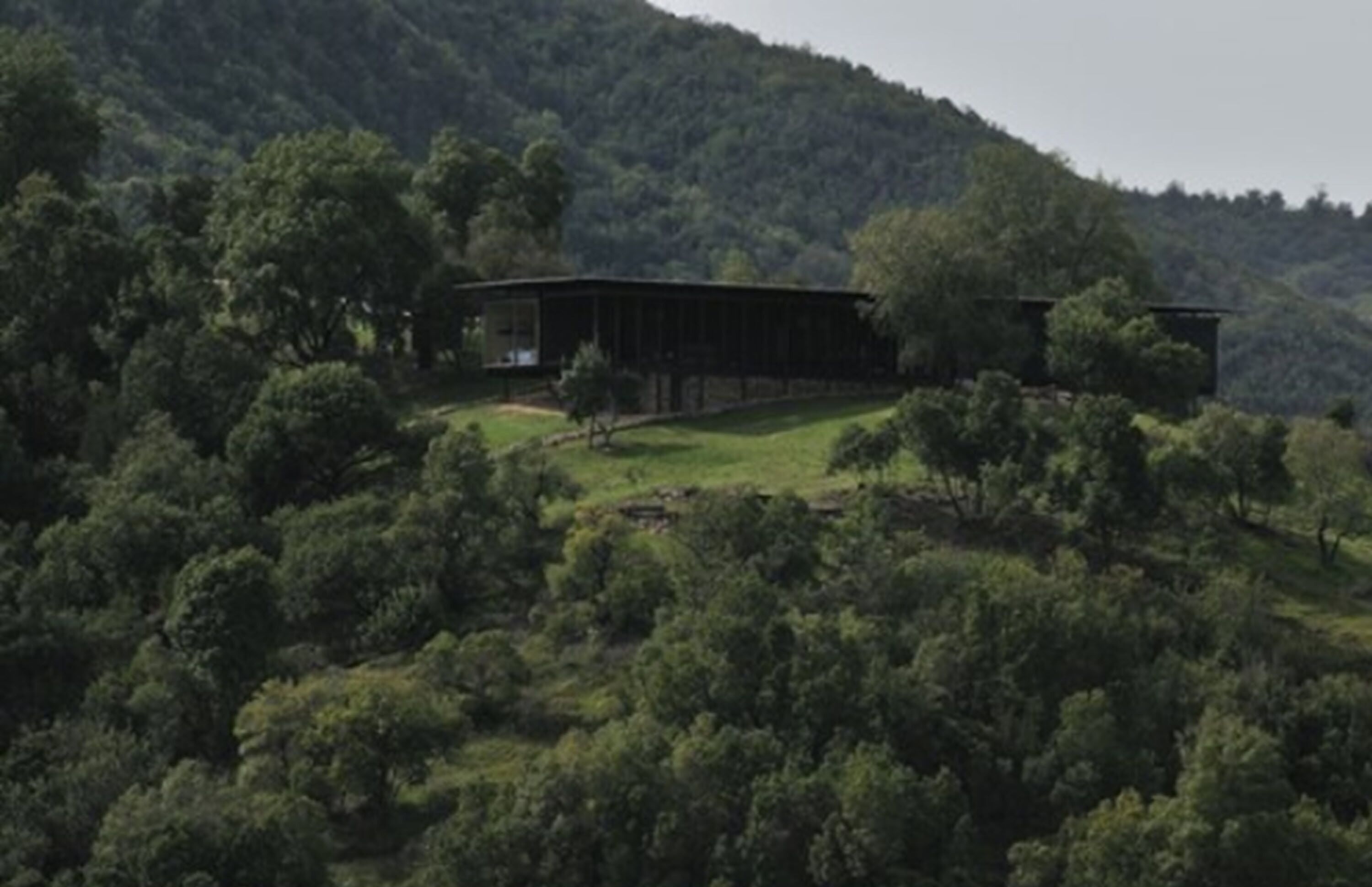 Un bâtiment moderne doté d’un toit plat, entouré d’une forêt dense et de collines.