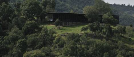 Un edificio moderno con techo plano, rodeado de un bosque denso y colinas.