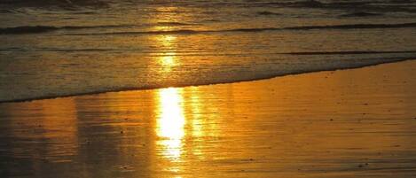A beach at sunset with the sun reflecting off the wet sand.