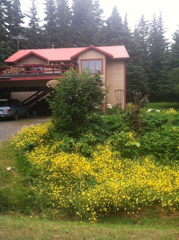 A small wooden cabin with a red roof, surrounded by a garden with yellow flowers, and a truck parked under a bridge.
