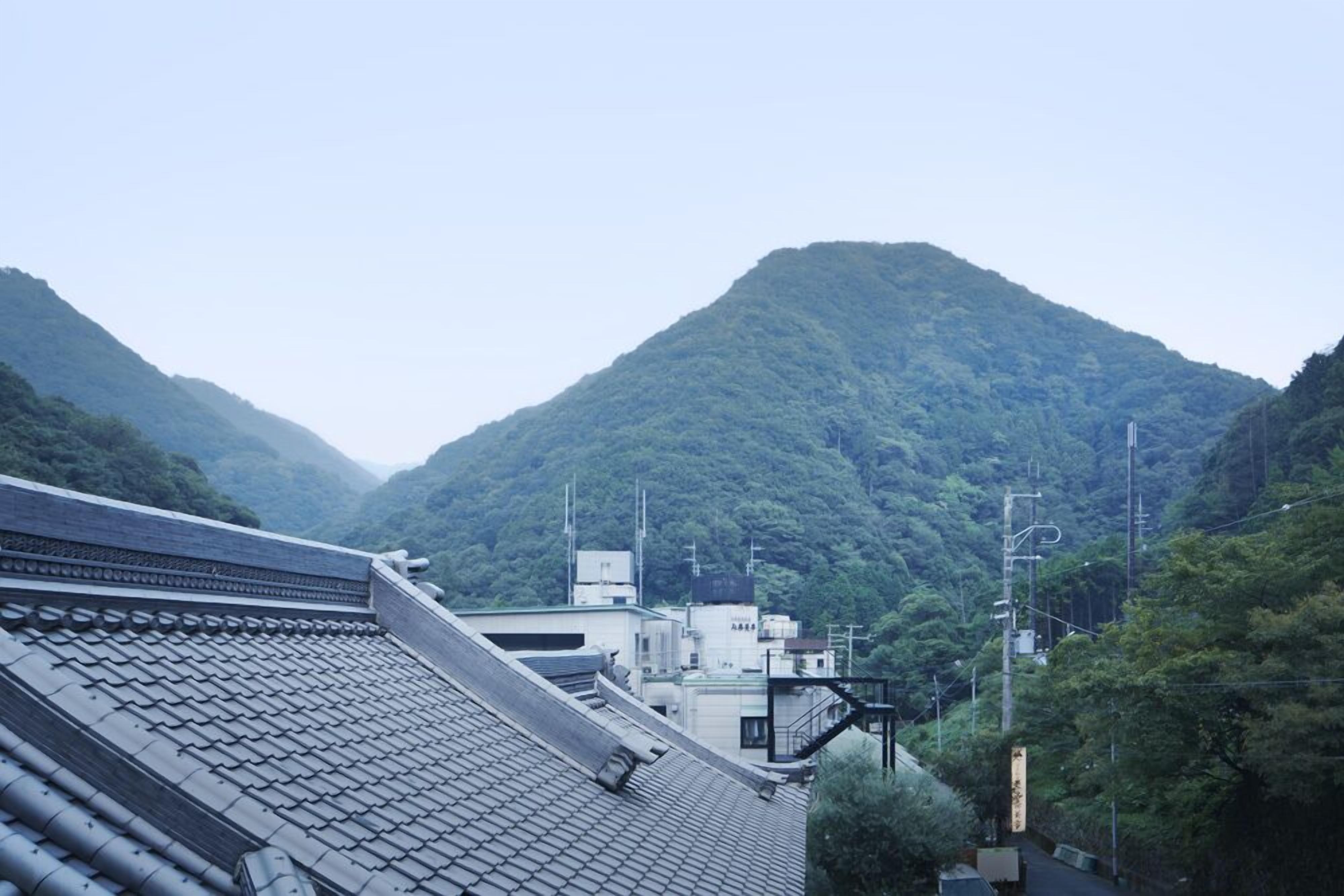 A traditional Japanese building with a tiled roof, surrounded by lush greenery and mountains.