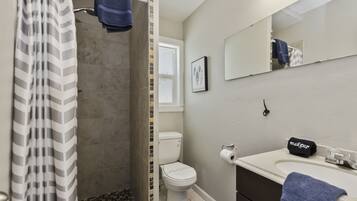 A bathroom with a shower, toilet, sink, and a mirror.