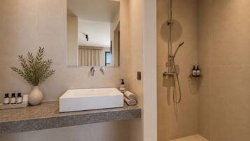 A bathroom with a rectangular sink, a mirror above it, a potted plant, and a shower area with a handheld showerhead.